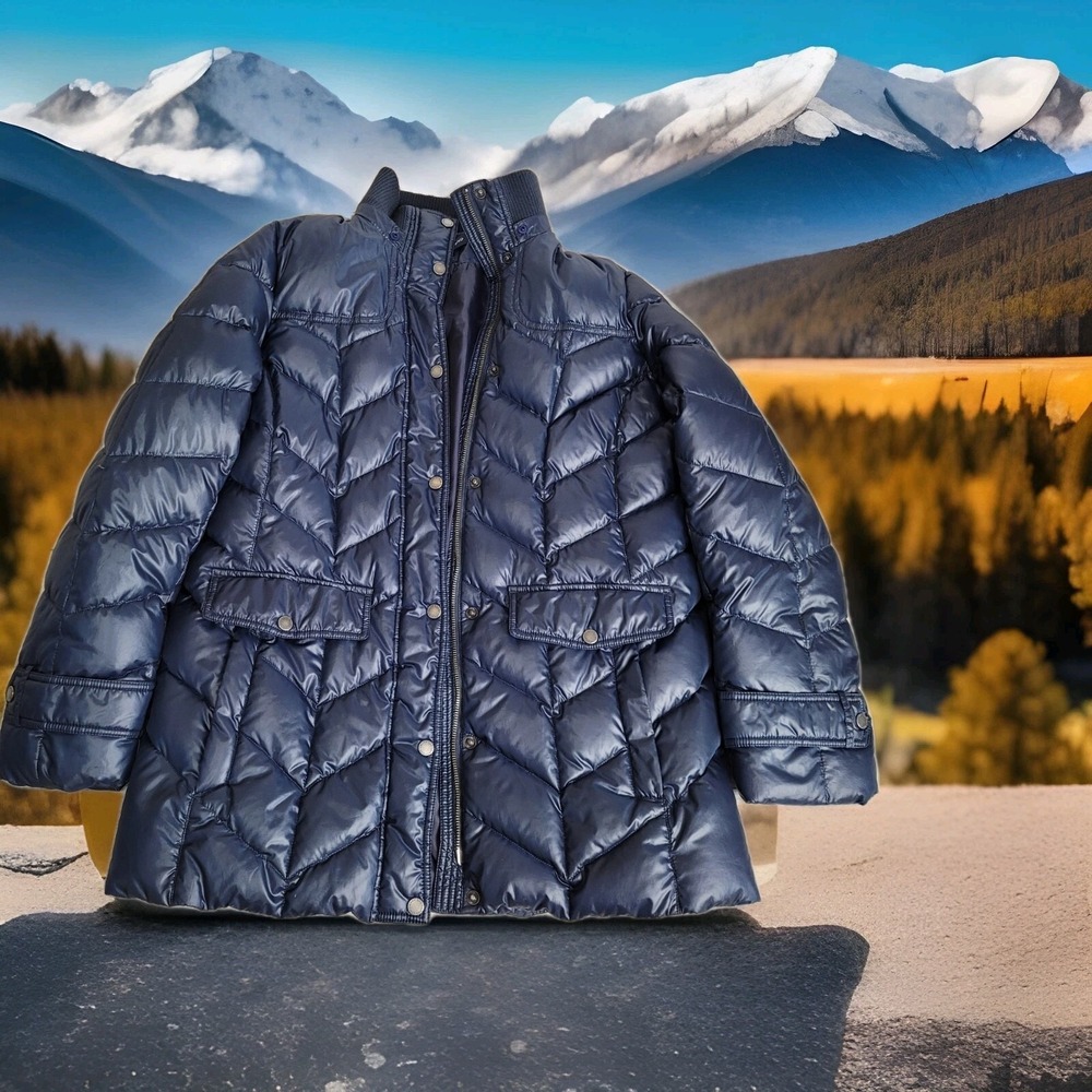 Lands End Jacket Womens Large Down Feather Coat Full Zip Quilted Blue Puffer